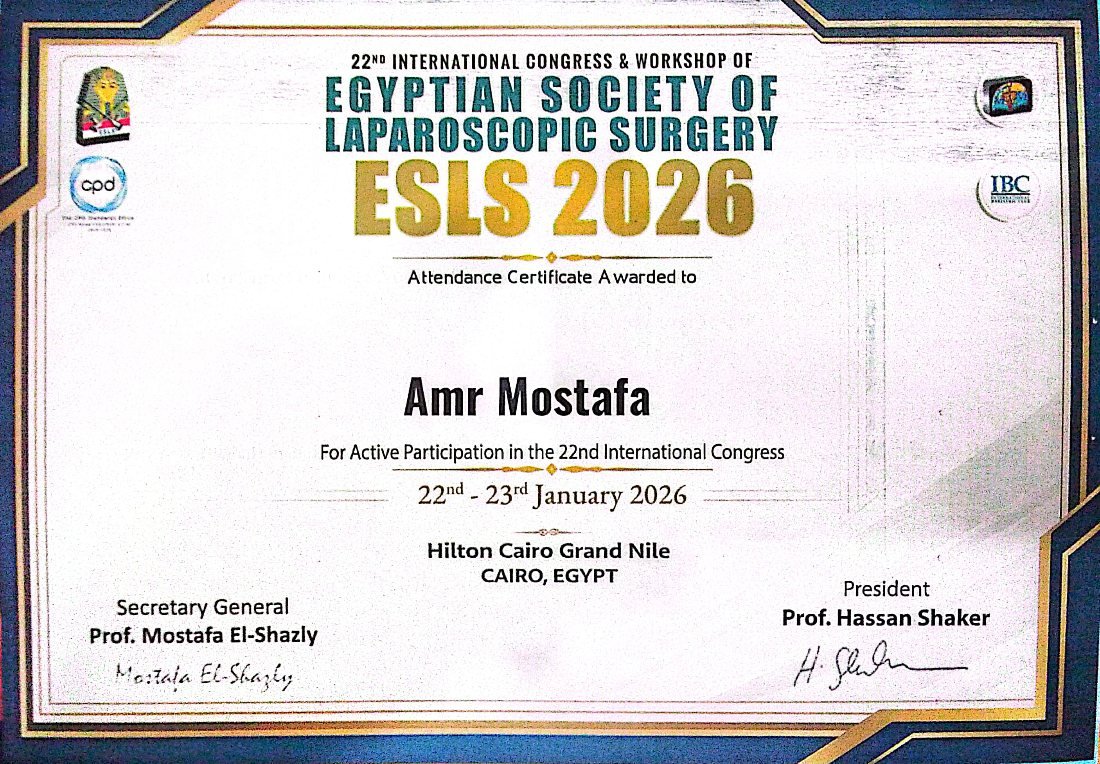 Certificate of active participation for Amr Mostafa at the 22nd International Congress of the Egyptian Society of Laparoscopic Surgery, ESLS 2026