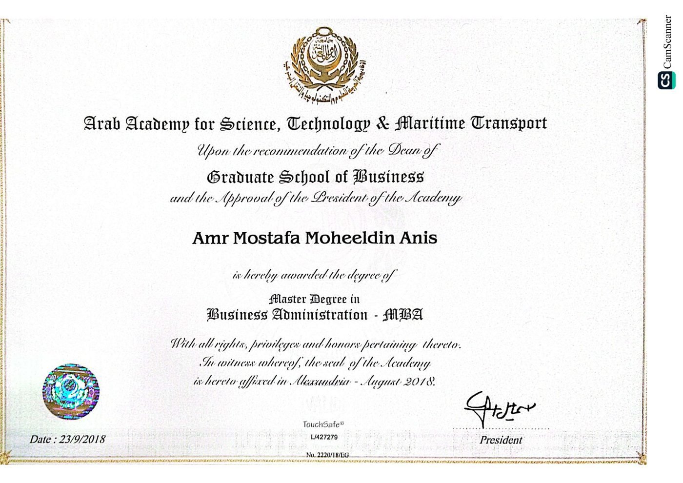 MBA certificate from the Arab Academy for Science, Technology & Maritime Transport